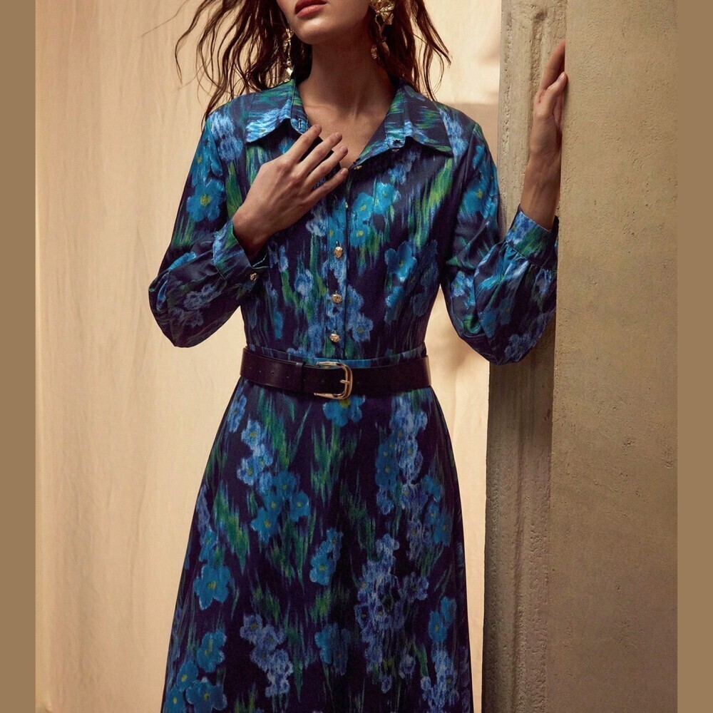 Blue Floral Print Maxi Shirt Dress with Collar - Picture 6 of 6